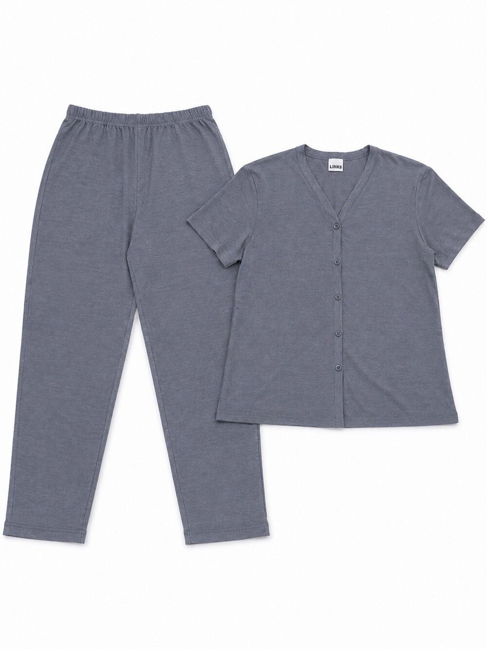 LINKS Women’s Size Large Blue Gray 2 Piece Pajama Lounge Set Button Top Pants